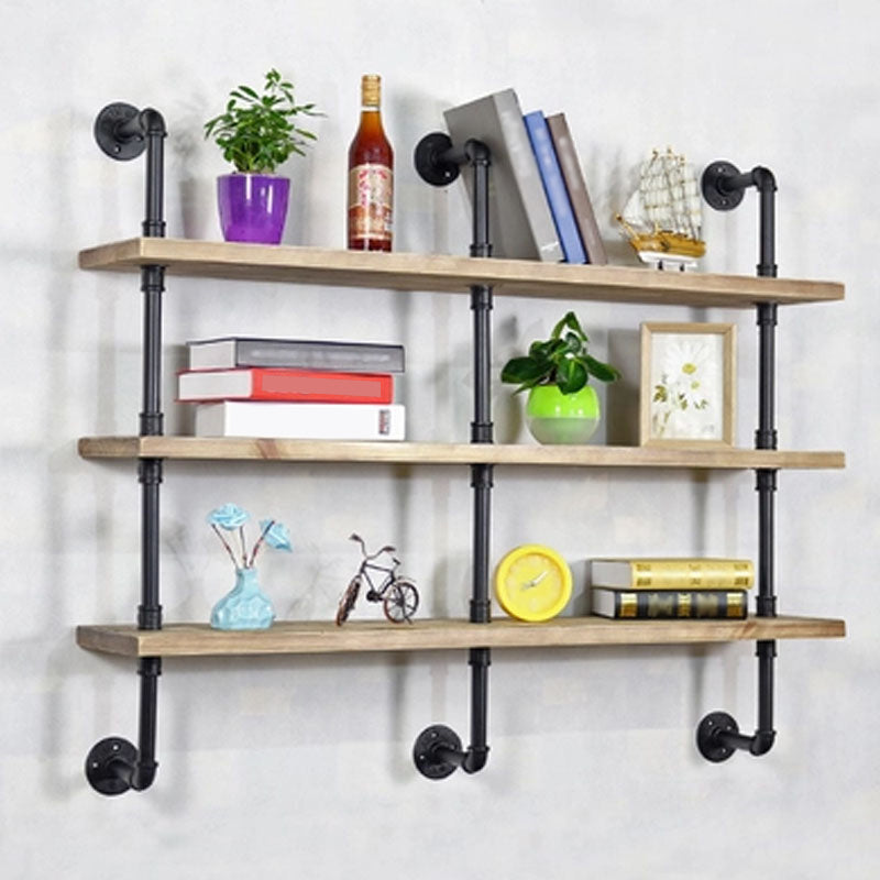 Industrial Wall Mounted Bookshelf with Black Iron Frame Pine Wood Shelf