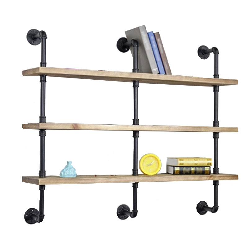 Industrial Wall Mounted Bookshelf with Black Iron Frame Pine Wood Shelf