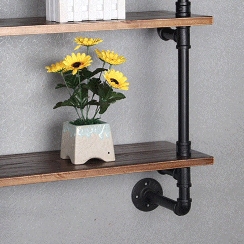 Industrial Wall Mounted Bookshelf with Black Iron Frame Pine Wood Shelf