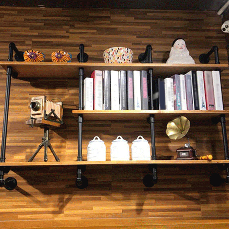 Industrial Wall Mounted Bookshelf with Black Iron Frame Pine Wood Shelf