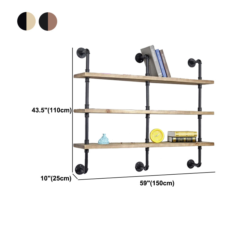 Industrial Wall Mounted Bookshelf with Black Iron Frame Pine Wood Shelf