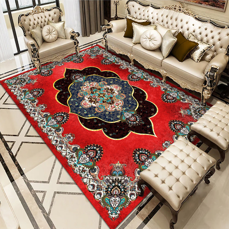 Dark Red Medallion Rug Polyester Retro Rug Non-Slip Backing Rug for Drawing Room