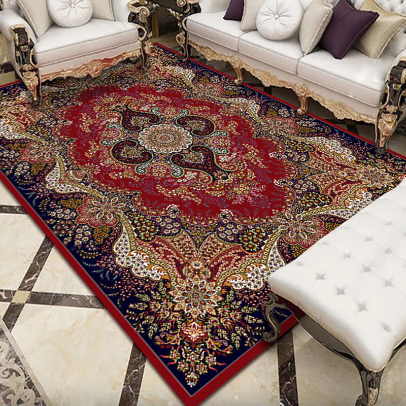 Dark Red Medallion Rug Polyester Retro Rug Non-Slip Backing Rug for Drawing Room