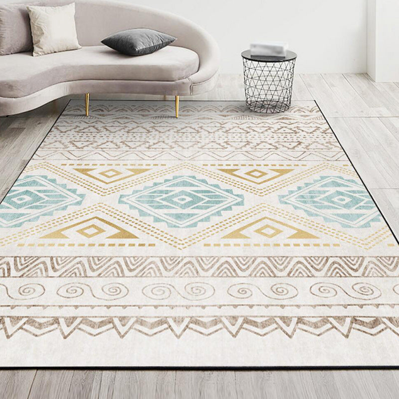 White Vintage Rug Polyester Diamond Rug Stain Resistant Rug for Living Room