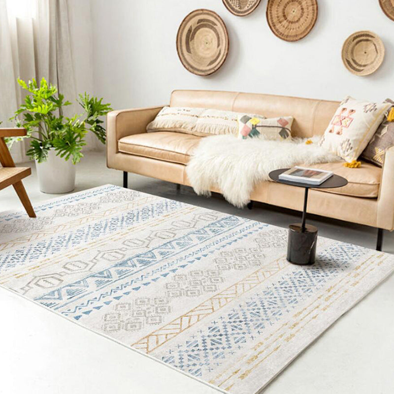 White Vintage Rug Polyester Diamond Rug Stain Resistant Rug for Living Room