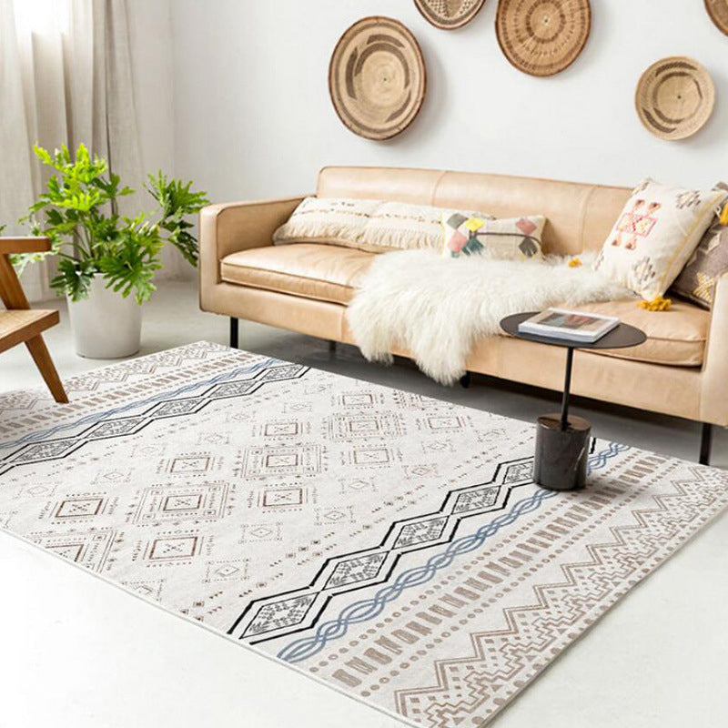 White Vintage Rug Polyester Diamond Rug Stain Resistant Rug for Living Room