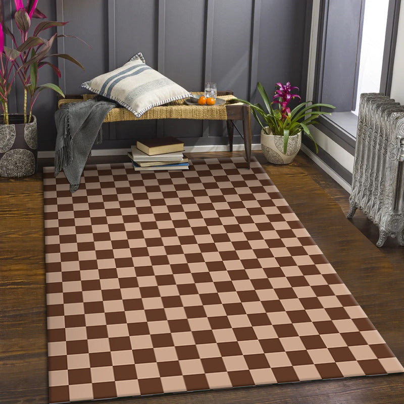 Brown Checkerboard Carpet Polyester Modern Carpet Non-Slip Backing Carpet for Drawing Room