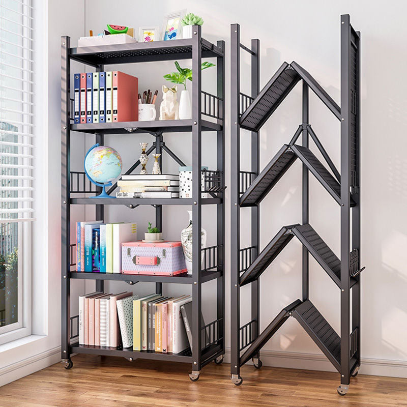 Contemporary Folding Steel Etagere Bookshelf with Caster Wheels