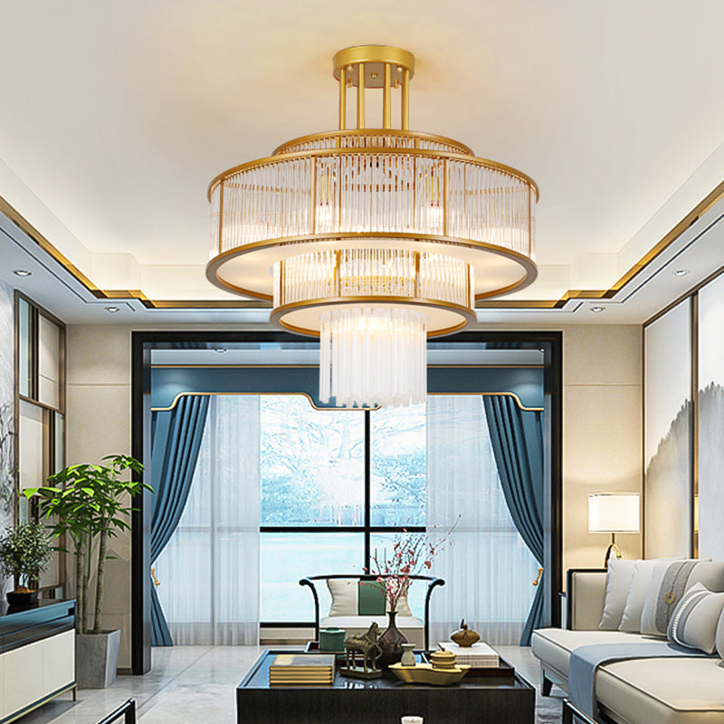 Lámpara de lámpara de montaje semi de metal dorado salas de estar tradicionales lámparas semi descargas con sombra de vidrio