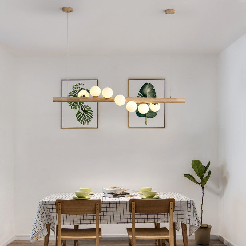 Moderne Holz Island Lights Multi-Head-Restaurant Hängende Lampe mit Globe Glass Shade
