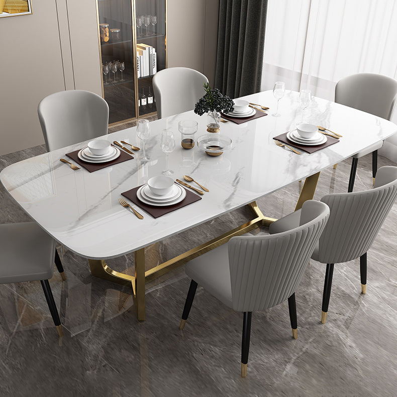 Luxury Sintered Stone Top Table Rectangle Table with Trestle Base in Gold