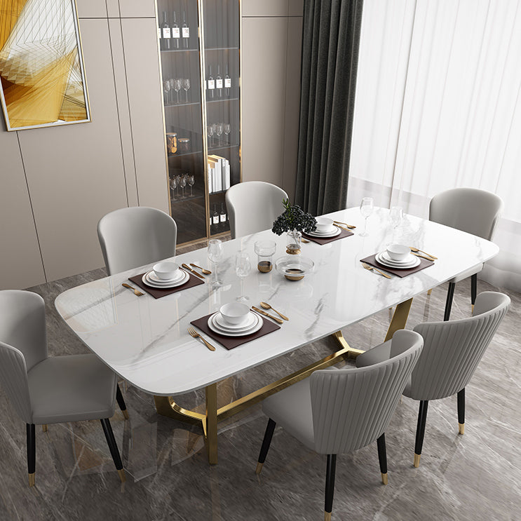 Luxury Sintered Stone Top Table Rectangle Table with Trestle Base in Gold