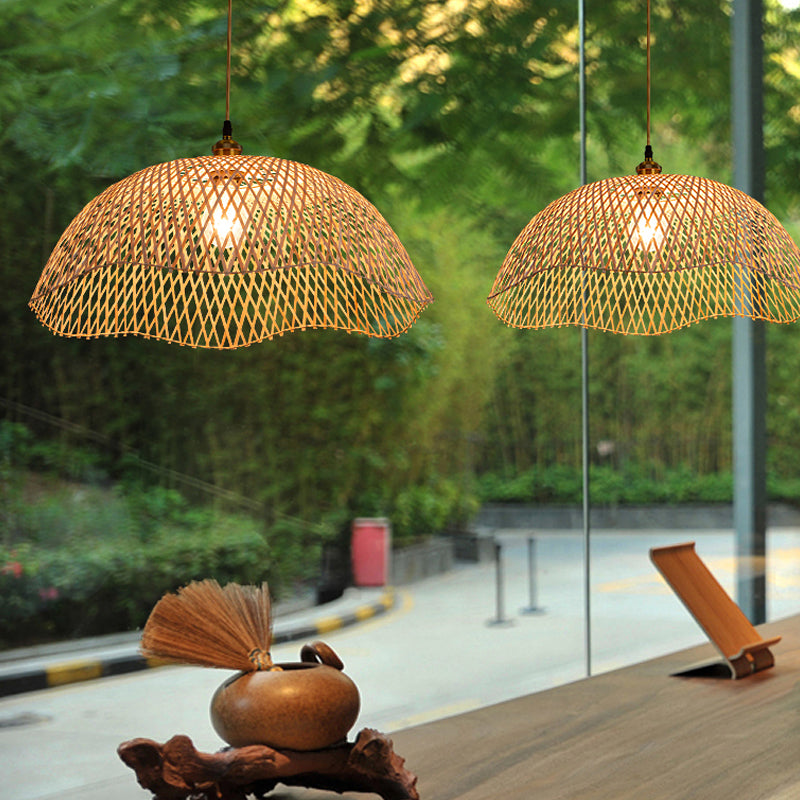 Scalloped Dining Room Drop Lamp Bamboo 1 Bulb Asian Style Pendant Lighting Fixture