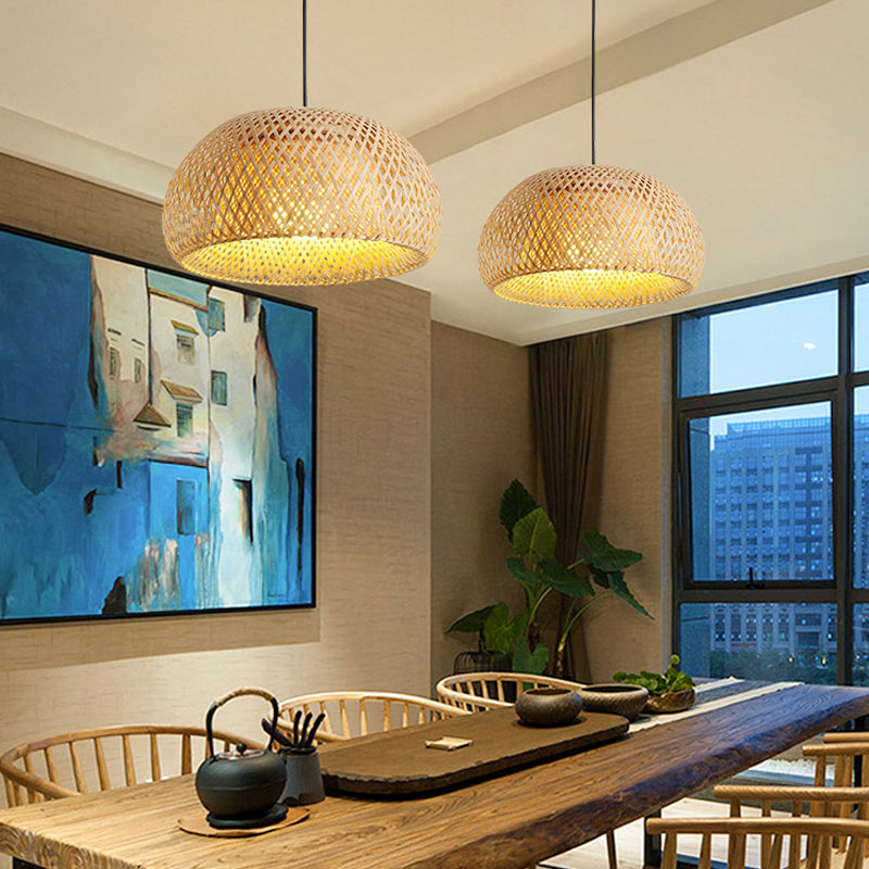 Cross-Woven Bamboo Pendant Lamp Asian Style 1 Bulb Domed Suspension Light