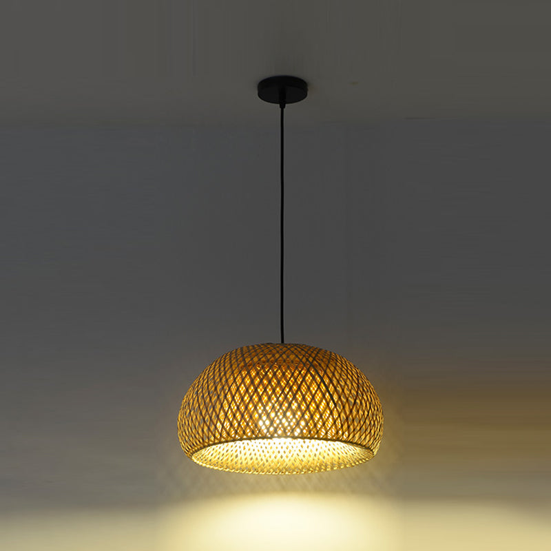 Cross-Woven Bamboo Pendant Lamp Asian Style 1 Bulb Domed Suspension Light