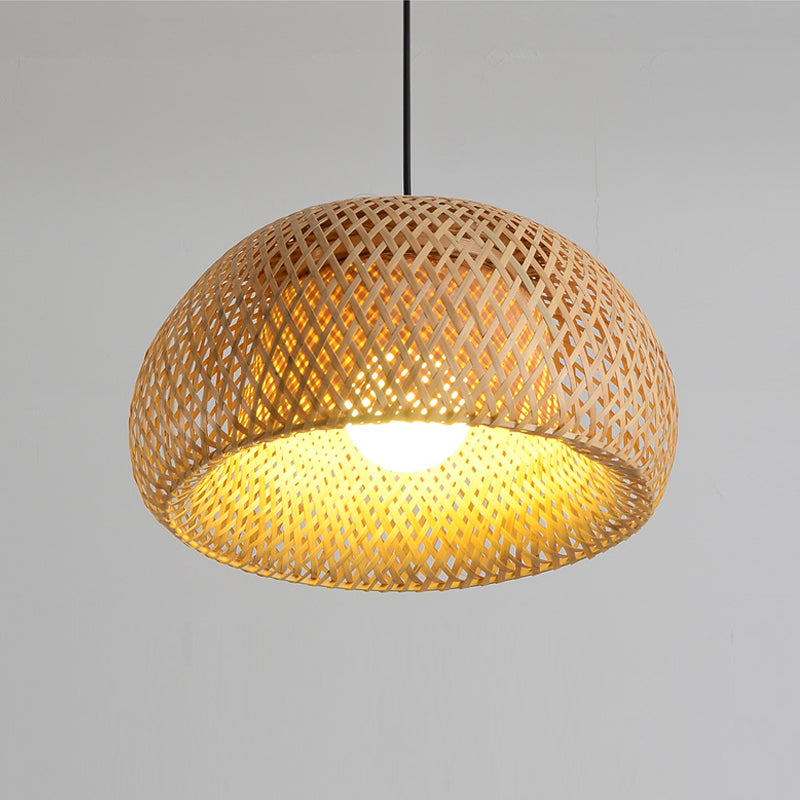 Cross-Woven Bamboo Pendant Lamp Asian Style 1 Bulb Domed Suspension Light