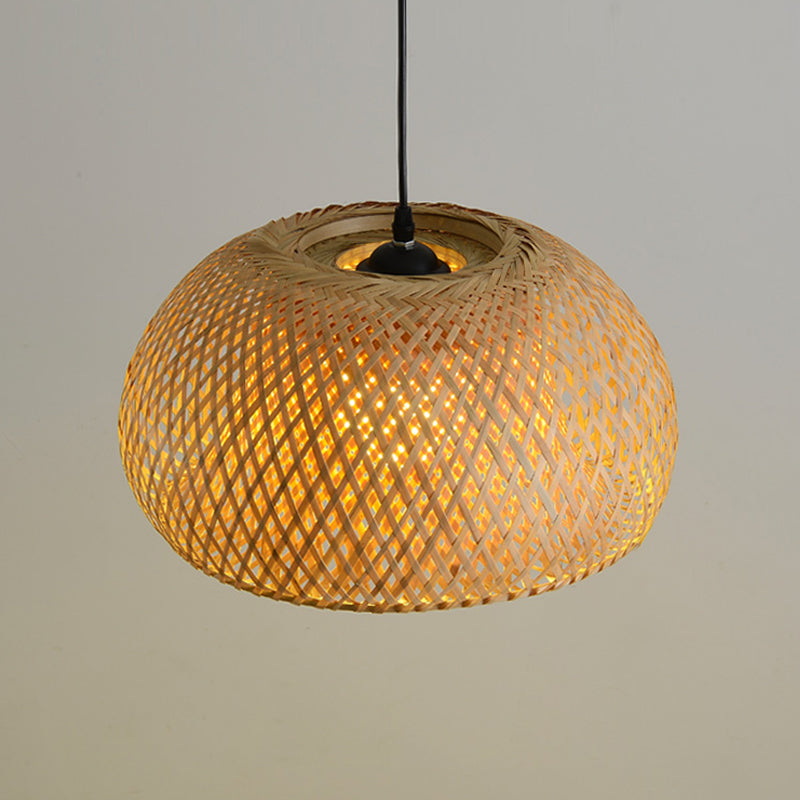 Cross-Woven Bamboo Pendant Lamp Asian Style 1 Bulb Domed Suspension Light