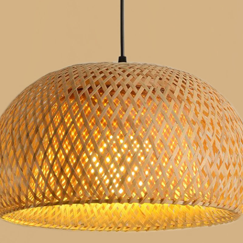 Cross-Woven Bamboo Pendant Lamp Asian Style 1 Bulb Domed Suspension Light