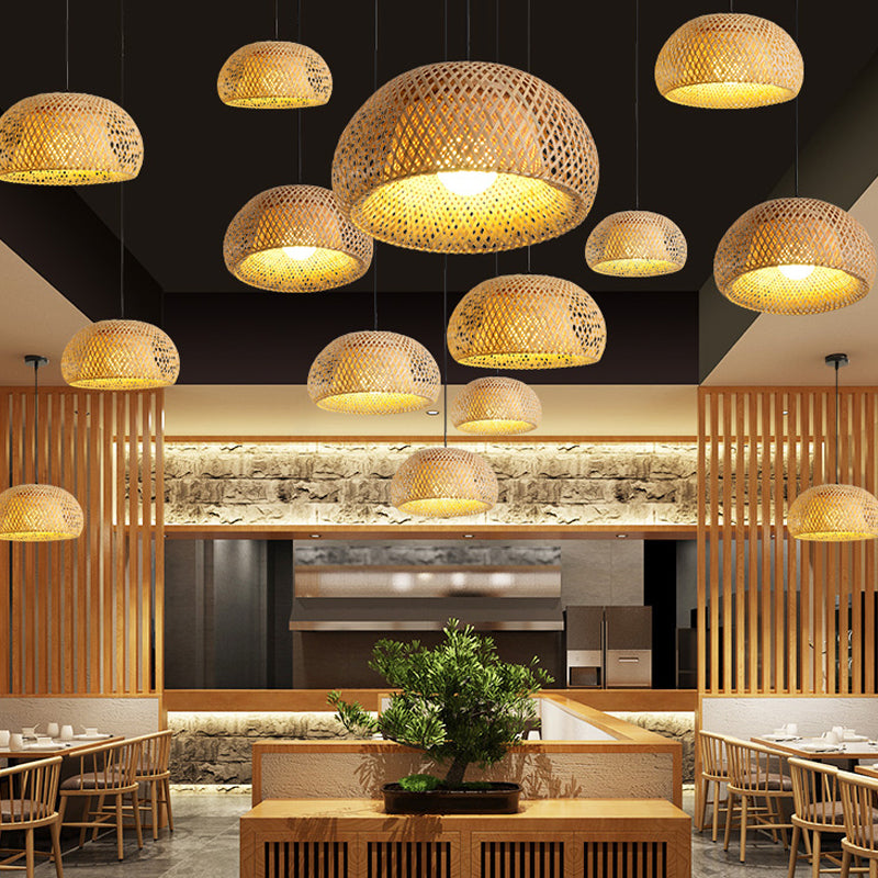 Cross-Woven Bamboo Pendant Lamp Asian Style 1 Bulb Domed Suspension Light