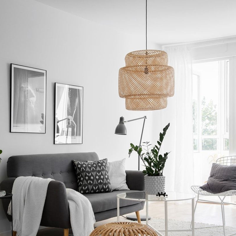 Lámpara colgante de linterna de bambú estilo asiático 1 bombilla iluminación colgante para sala de estar