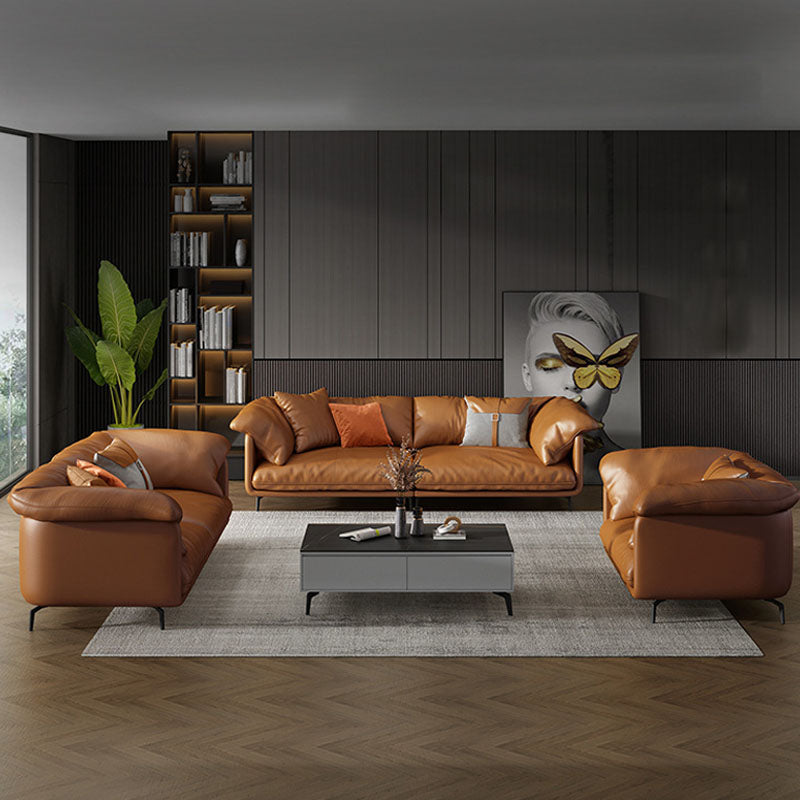 Canapé orange avec oreiller dos et siège éponge rempli de cuir en bois / cuir d'imitation