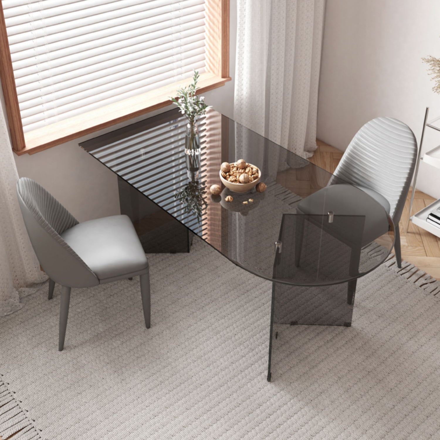 Glass Top Dining Table Modern Table with Double Pedestal Base