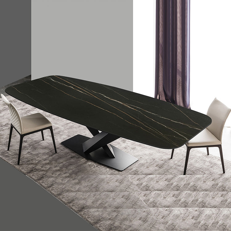 Sintered Stone Rectangle Dining Table Industrial Black Kitchen Table with Pedestal Base