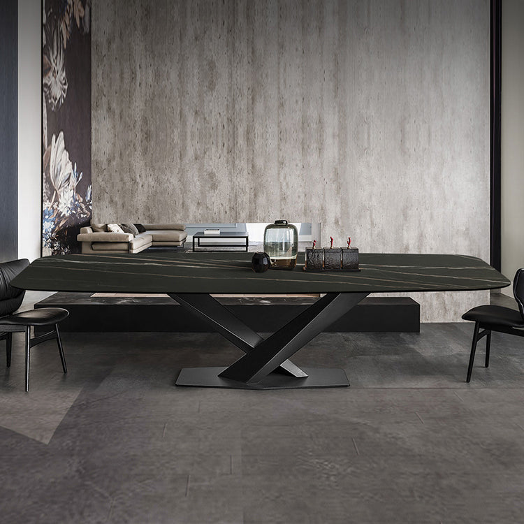 Sintered Stone Rectangle Dining Table Industrial Black Kitchen Table with Pedestal Base