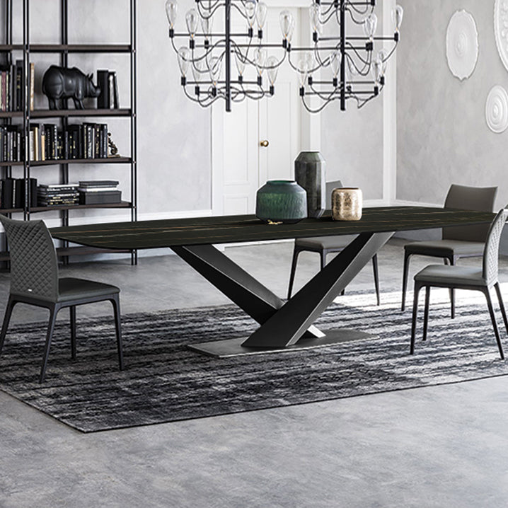 Sintered Stone Rectangle Dining Table Industrial Black Kitchen Table with Pedestal Base