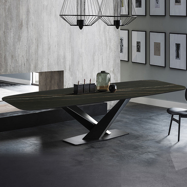 Sintered Stone Rectangle Dining Table Industrial Black Kitchen Table with Pedestal Base
