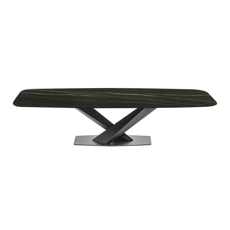 Sintered Stone Rectangle Dining Table Industrial Black Kitchen Table with Pedestal Base