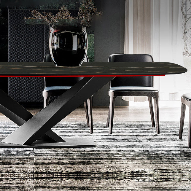 Sintered Stone Rectangle Dining Table Industrial Black Kitchen Table with Pedestal Base