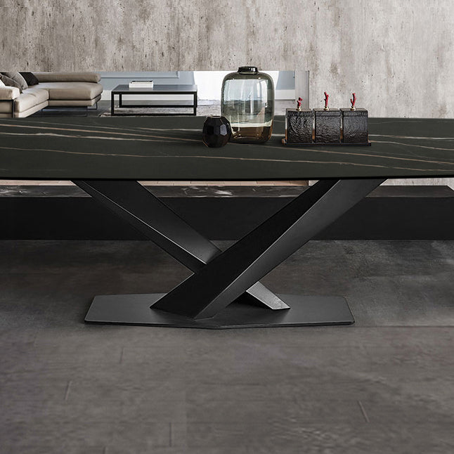 Sintered Stone Rectangle Dining Table Industrial Black Kitchen Table with Pedestal Base