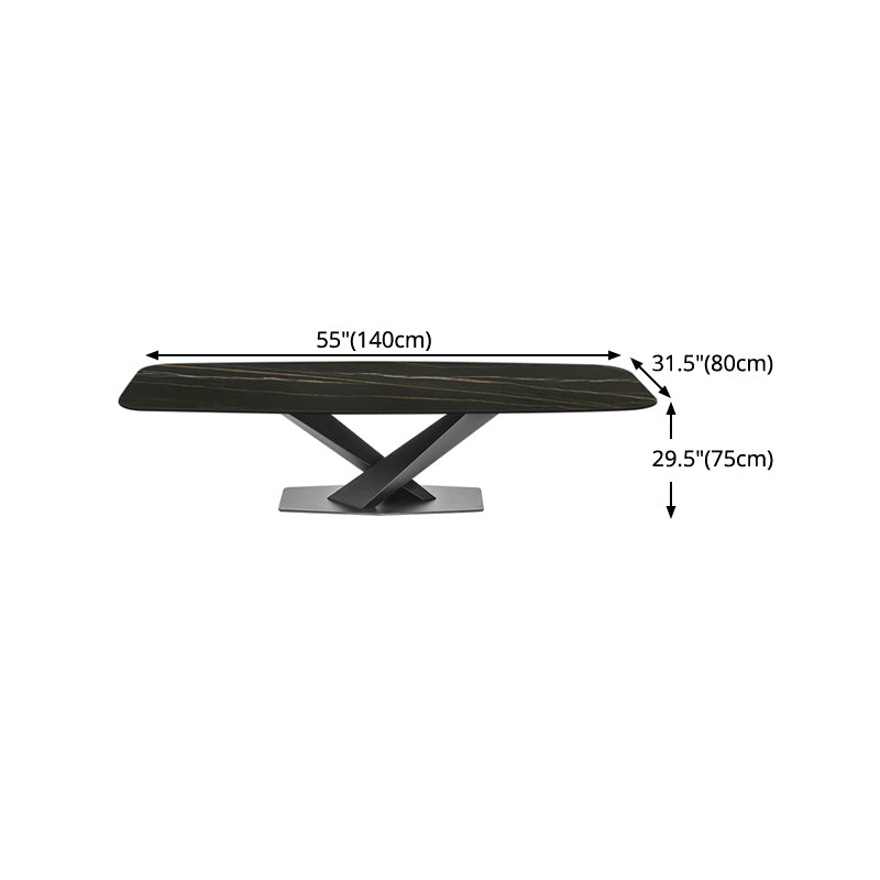 Sintered Stone Rectangle Dining Table Industrial Black Kitchen Table with Pedestal Base