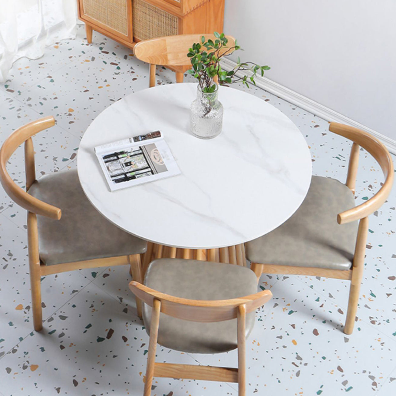 Modern Round Dining Table Natural Solid Wood Base Pedestal Dining Table