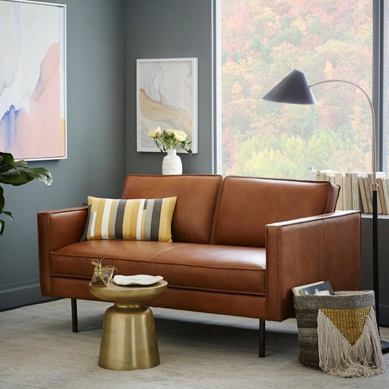 Brown Leather Settee Furniture Loose Back Square Arm Loveseat