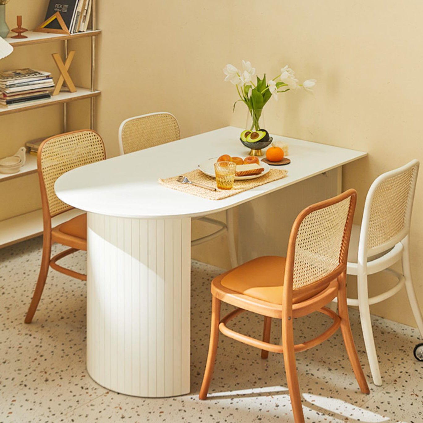 Sintered Stone and Ash Wood White Table Modern Dining Table with Double Pedestal