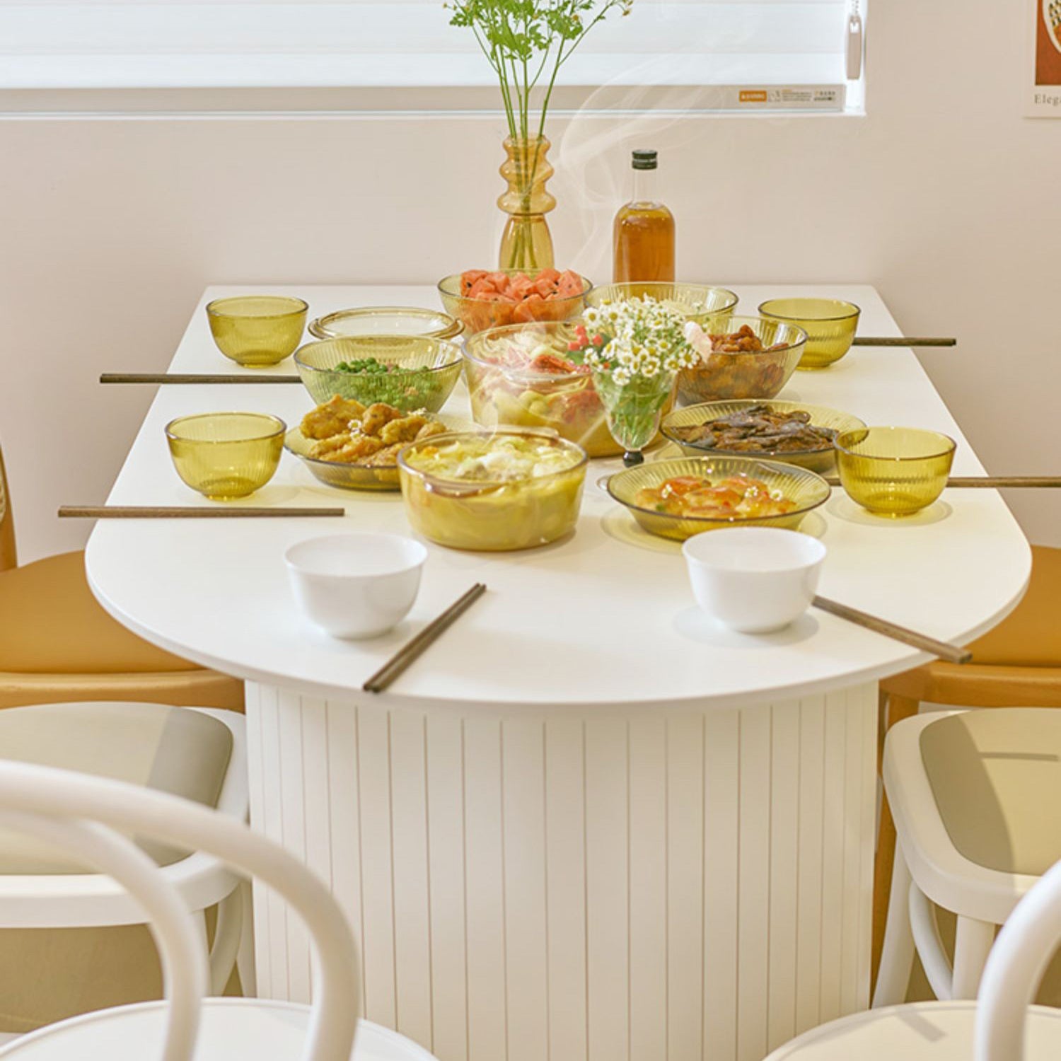 Sintered Stone and Ash Wood White Table Modern Dining Table with Double Pedestal