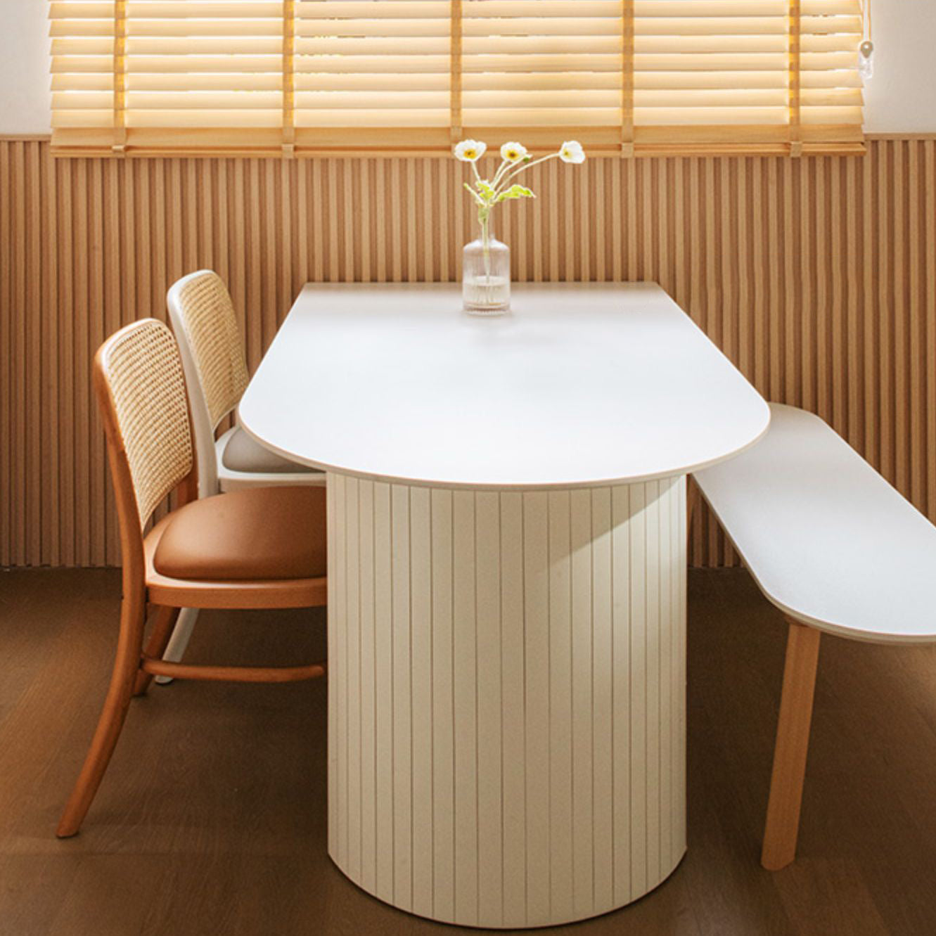 Sintered Stone and Ash Wood White Table Modern Dining Table with Double Pedestal