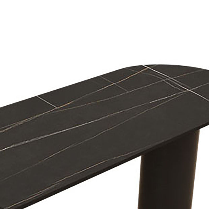 Mesa de comedor moderna de piedra y acero, mesa de comedor con pedestal doble, estructura negra