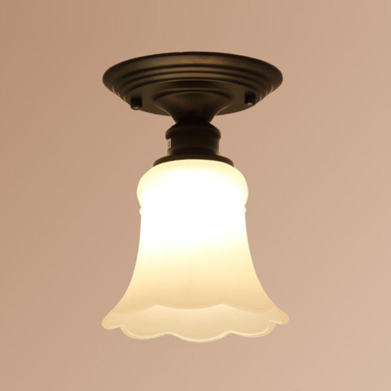 Glass Shaded Close to Ceiling Lamp Simplistic Aisle Semi-Flush Mount in Black