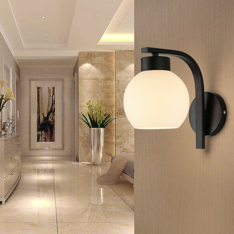 Black Domed Wall Lamp Modern 1-Light White Glass Wall Mounted Light for Stairs