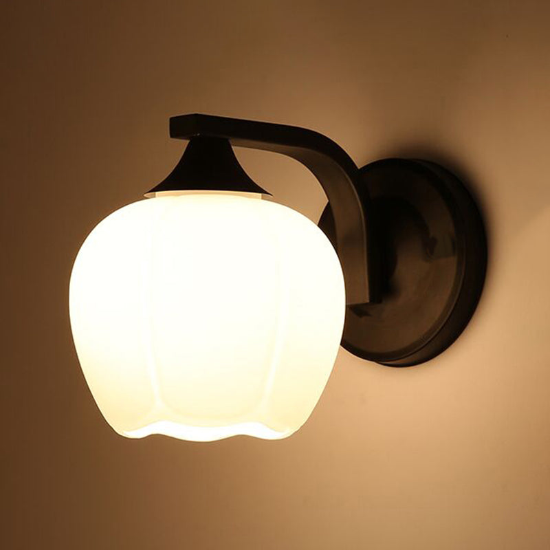 Black Domed Wall Lamp Modern 1-Light White Glass Wall Mounted Light for Stairs