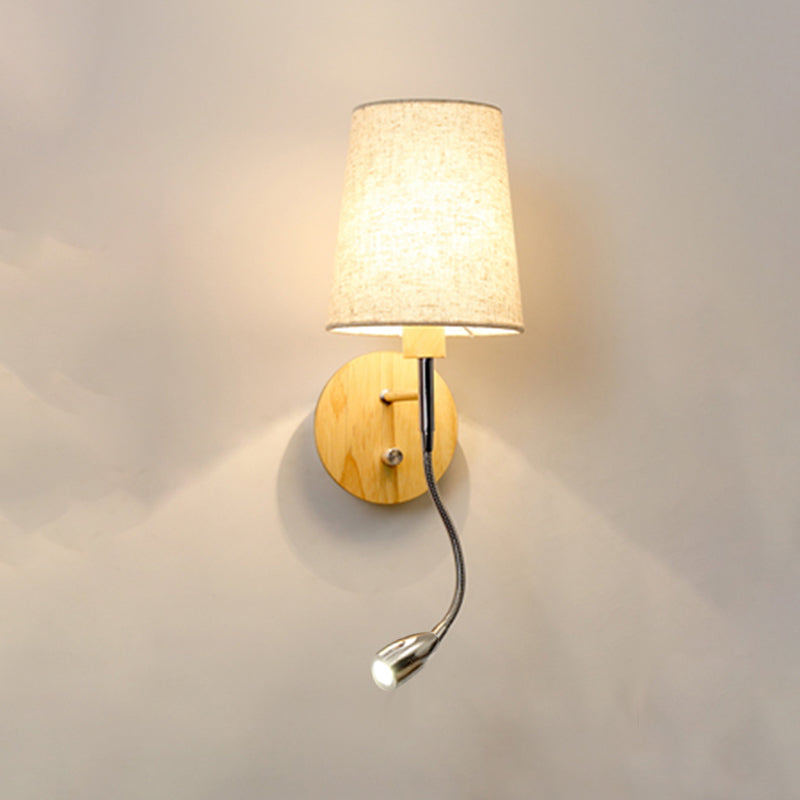 Geometric Fabric Reading Wall Light Nordic 2-Light Natural Wood Wall Lamp with Switch