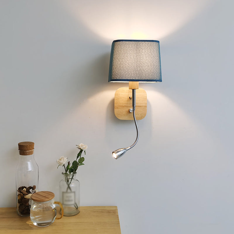 Geometric Fabric Reading Wall Light Nordic 2-Light Natural Wood Wall Lamp with Switch