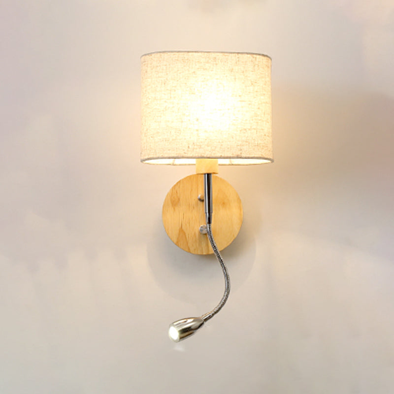 Geometric Fabric Reading Wall Light Nordic 2-Light Natural Wood Wall Lamp with Switch