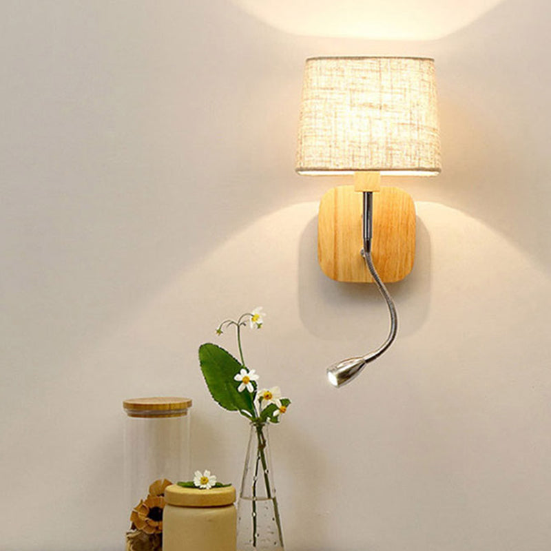 Geometric Fabric Reading Wall Light Nordic 2-Light Natural Wood Wall Lamp with Switch