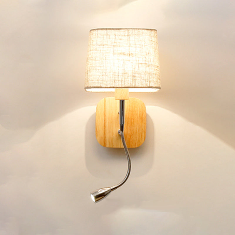 Geometric Fabric Reading Wall Light Nordic 2-Light Natural Wood Wall Lamp with Switch