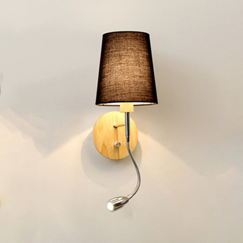 Geometric Fabric Reading Wall Light Nordic 2-Light Natural Wood Wall Lamp with Switch