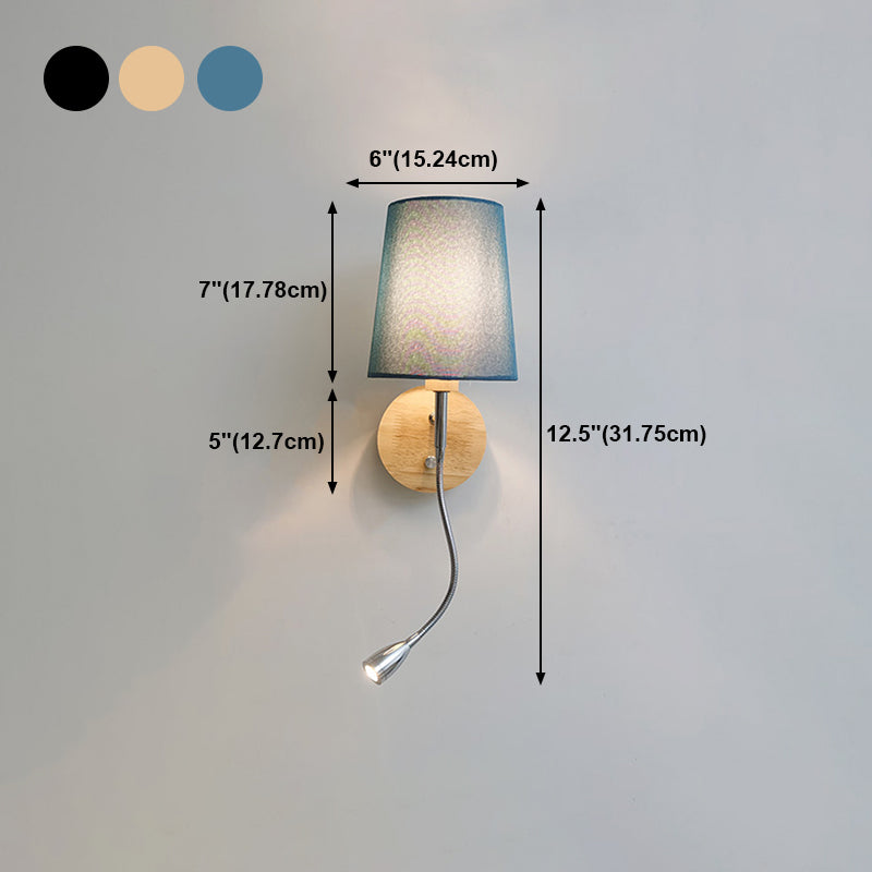 Geometric Fabric Reading Wall Light Nordic 2-Light Natural Wood Wall Lamp with Switch